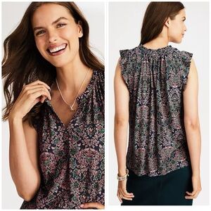 J. Jill Flutter Sleeve Knit Blouse in Deep Teal Floral Size S NWT